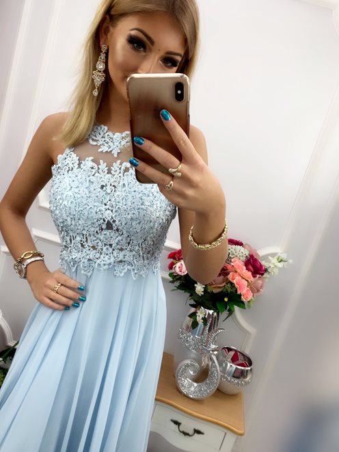 Długa sukienka zabudowany przód ozd plecy błękit