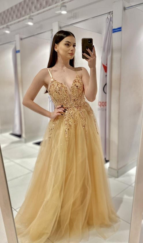 Sukienka długa tiul cekiny gorset złoto