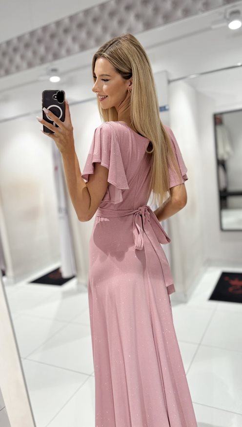 Długa sukienka rękawek brokat p.róż