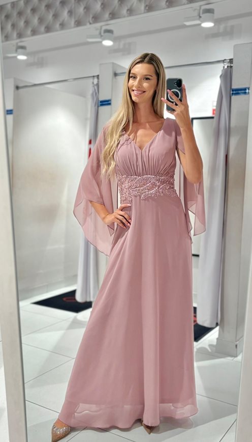 Sukienka długa rękawek zdobiona talia pudrowy róż