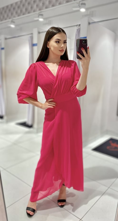 Sukienka długa zwiewna szyfon rękaw 3/4 malina