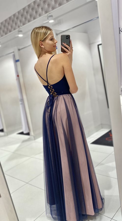 Sukienka długa ramiączka wiązanie tiul róż/granat