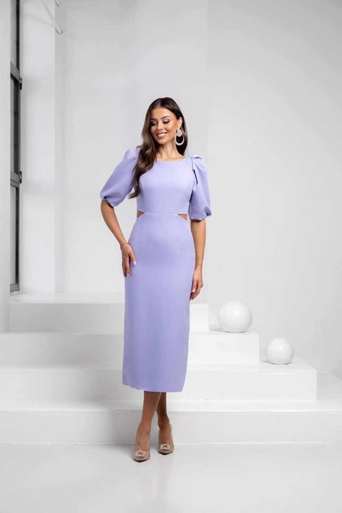 Sukienka midi bufiaste rękawy wycięcia fiolet