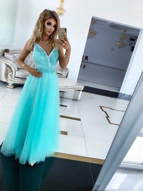 Sukienka długa tiulowa ramiączka mięta