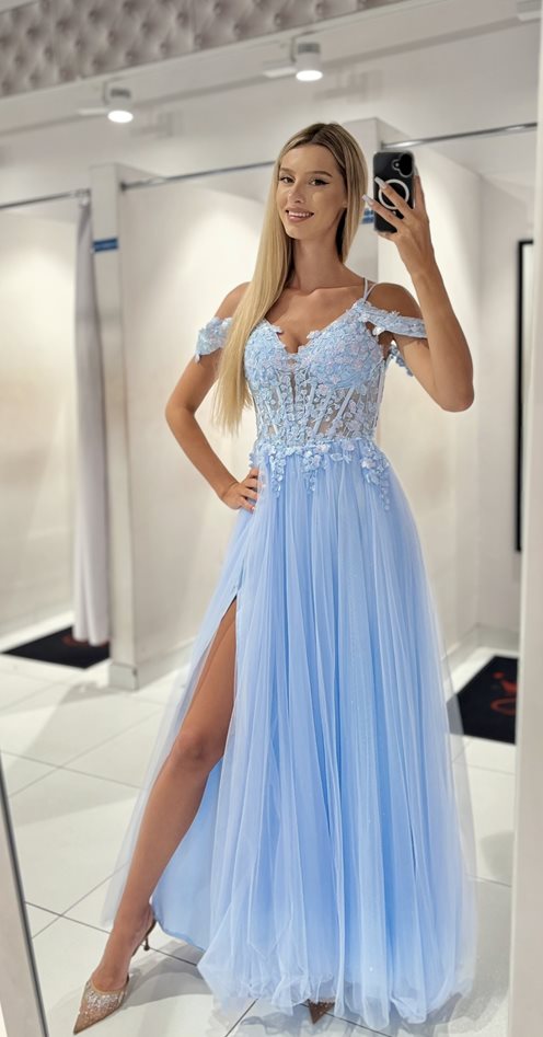 Sukienka długa hiszpanka tiul gorset błękit