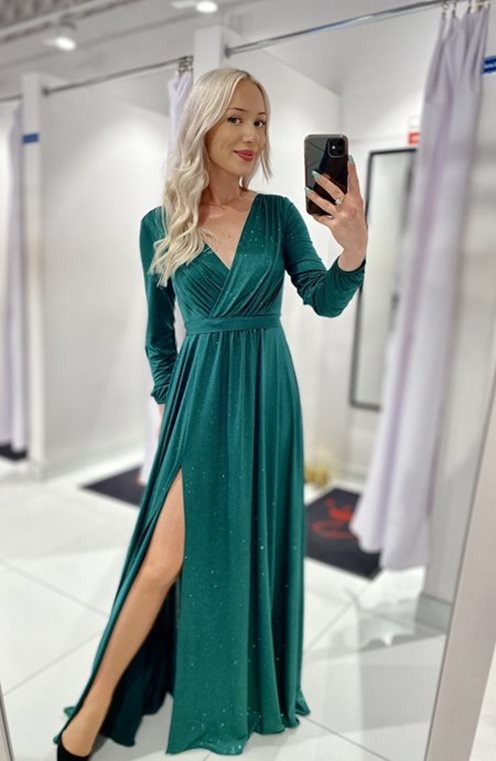 Długa sukienka brokat długi rękaw zieleń