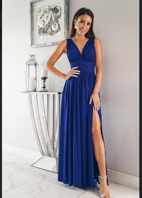 Długa sukienka odcinana  brokat chaber