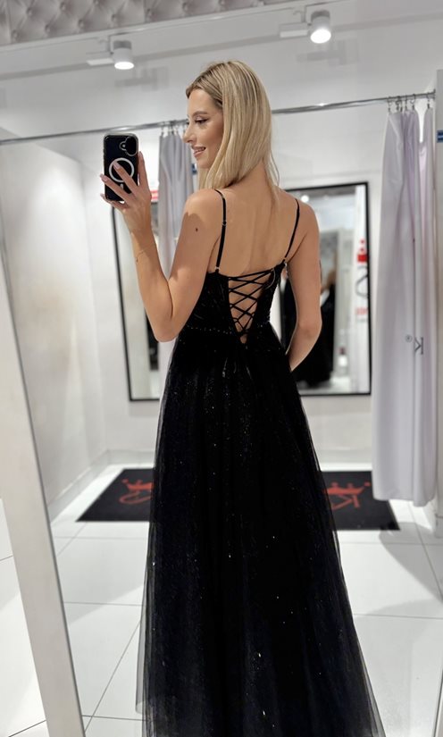 Sukienka długa perełki gorset wiązanie tiul czerń