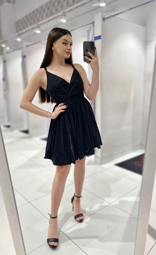 Sukienka krótka rozkloszowana brokatowa czerń