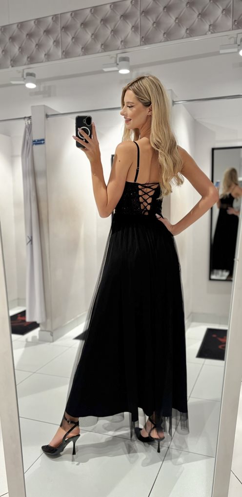 Sukienka długa góra zdobiona tiul czerń