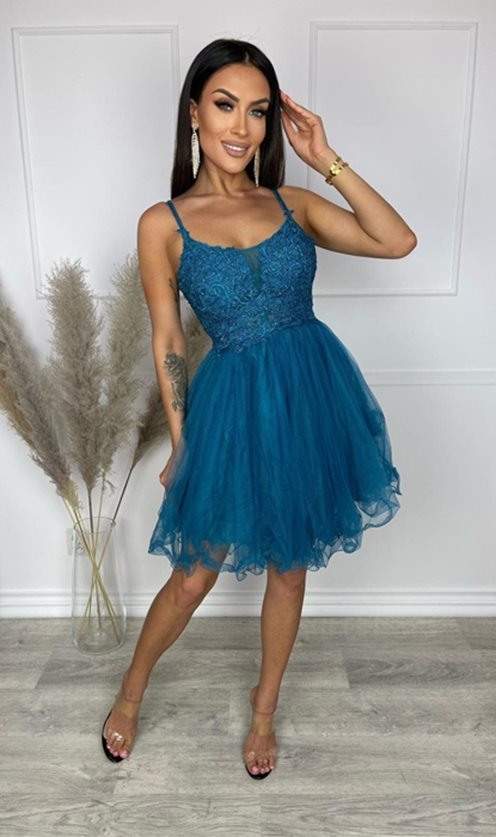 Sukienka krótka ozdobnie wiązany tył turkus