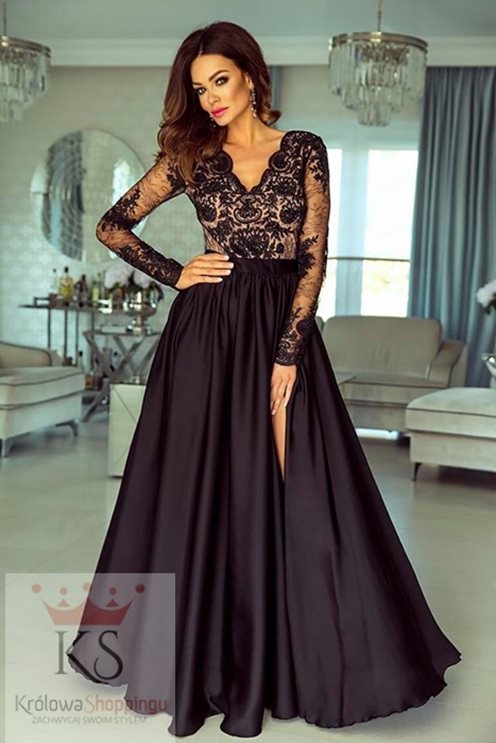 Długa sukienka z koronką czarny/beż