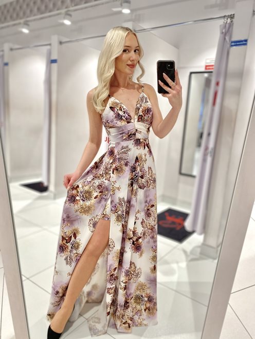 Sukienka długa na ramiączkach kwiaty fiolet