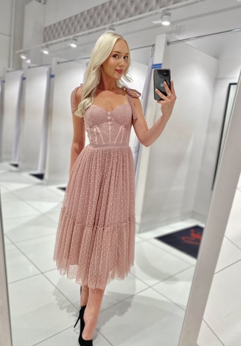 Sukienka midi gorsetowa tiul groszki b.róż