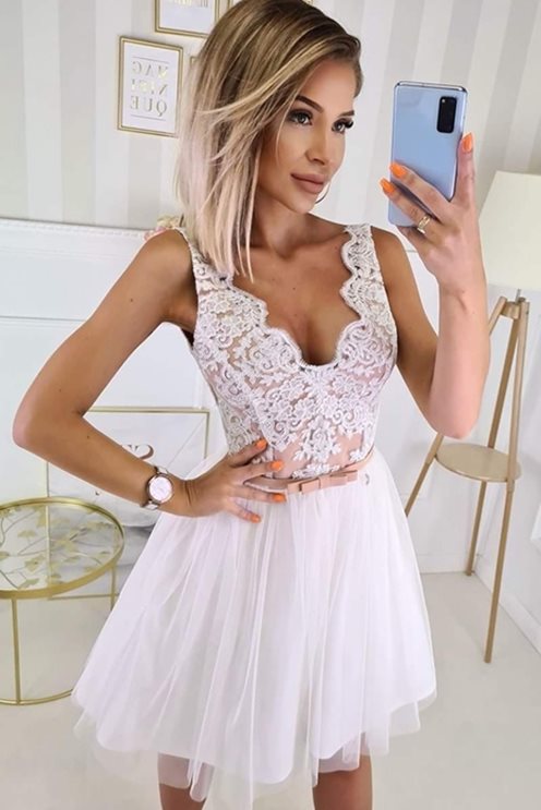 sukienka krótka rozk tiul koronka brąz/biała