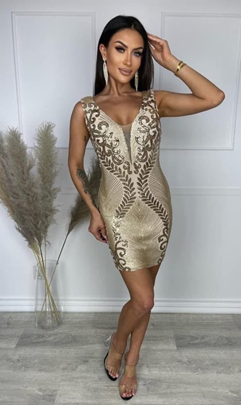 Sukienka krótka wzór cekiny złota