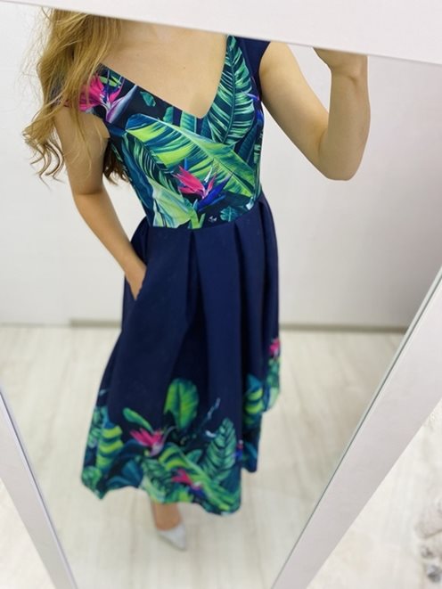 Sukienka midi kwiaty granat -zieleń