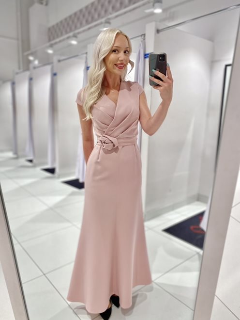 Sukienka długa klasyczna z rękawkiem pasek p. róż