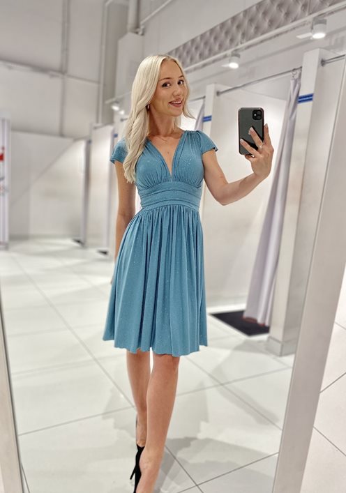 Sukienka krótka odcięcie pod biustem brokat pistac