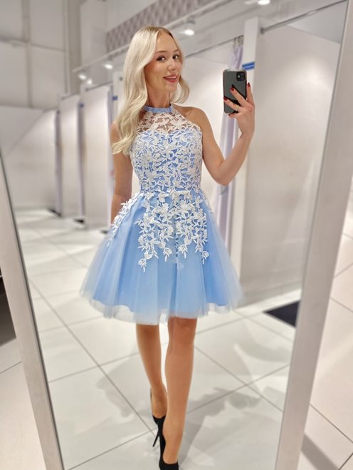 Sukienka princeska hafty wiązana na szyji błękit