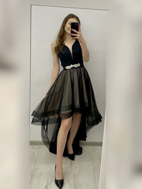 Sukienka asymetryczna tiulowa siatka czarny-beż