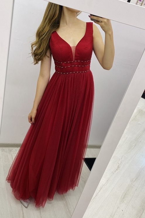 Długa sukienka tiulowa koraliki bordo