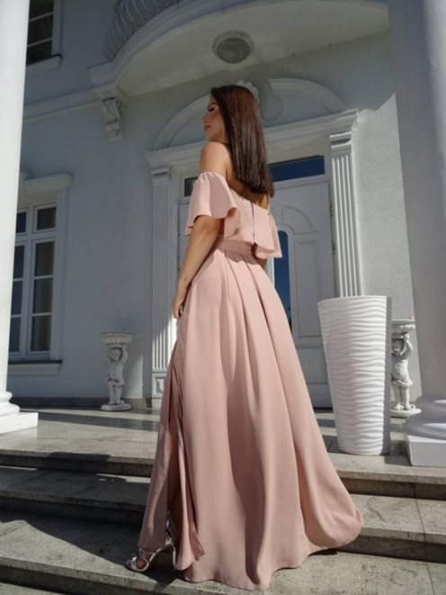 Długa lekka sukienka gładka rękaw falbanki beż