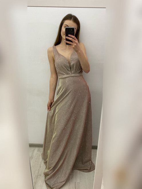 Sukienka długa brokatowa dekolt V z paskiem złota