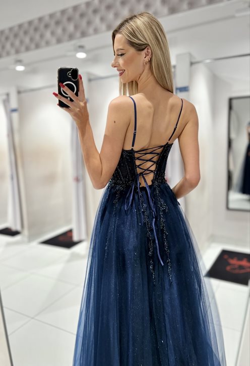 Sukienka długa gorset perełki granat