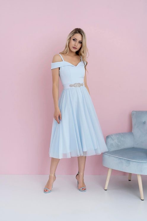 Sukienka midi hiszpanka z tiulem błękit