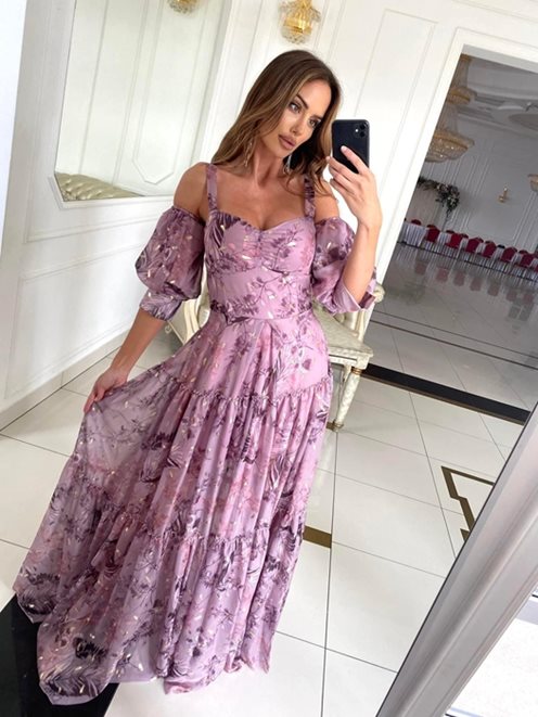 Sukienka długa kwiatowa ozdobny rękaw fiolet