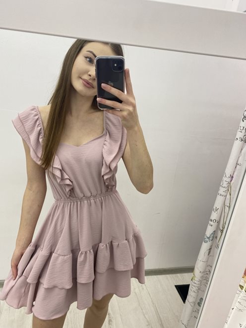 Sukienka krótka z 2 falbankami matowa róż