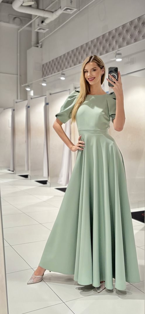 Sukienka długa bufiaste rękawki szałwia