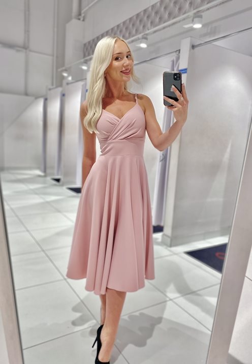 Sukienka midi ramiączka dekolt na zakładkę p.róż