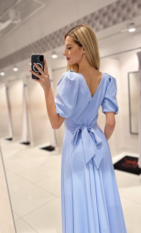 Sukienka długa bufiaste rękawki błękit