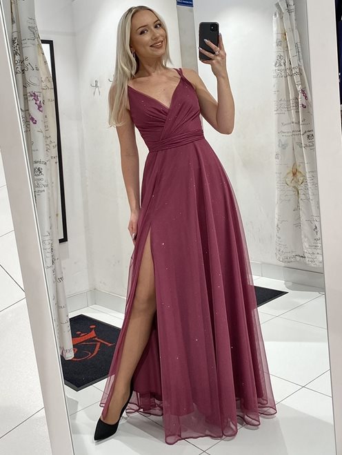 Sukienka długa prosta z tiulem błysk fiolet