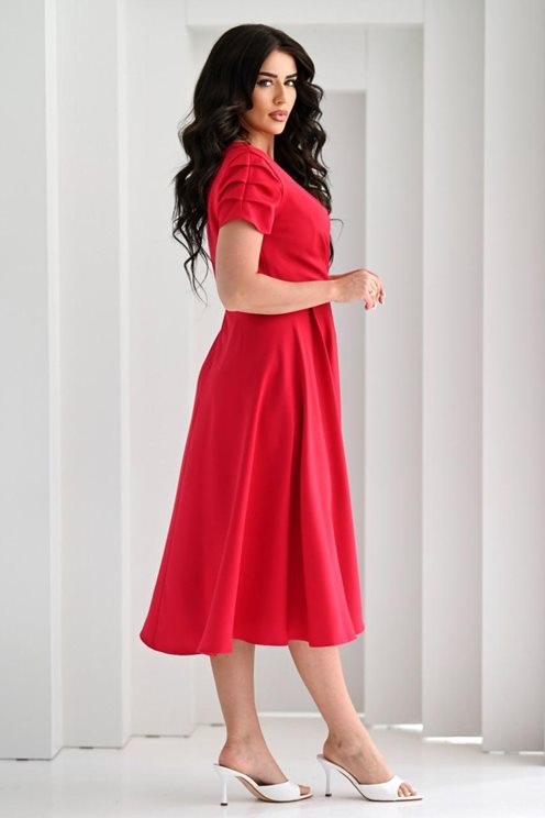 Sukienka midi marszczony rękawek zakładka malina