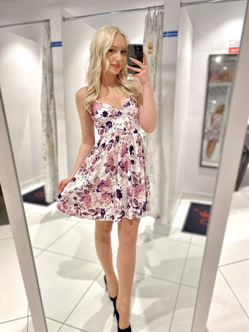 Sukienka krótka wiązane ramiączka kwiaty fiolet