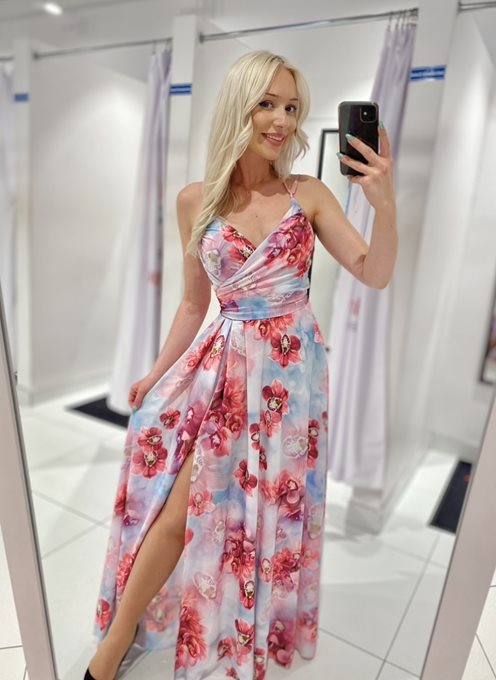 Sukienka długa wiązanie na szyi kwiaty róż/fiolet