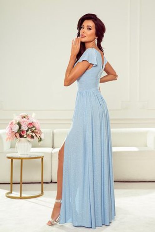 Sukienka długa brokat odcięcie i rękawek błękit