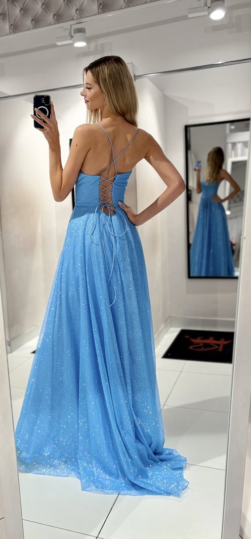 Sukienka długa gorset wiązane plecy brokat błękit