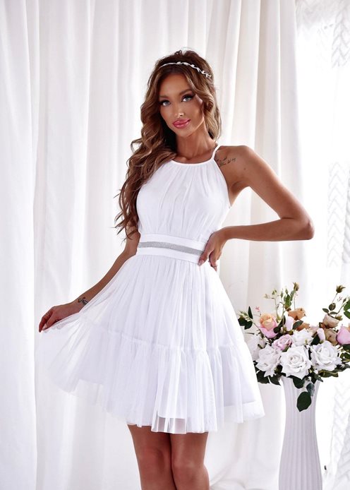 Sukienka krótka tiul biała ozdobny pasek