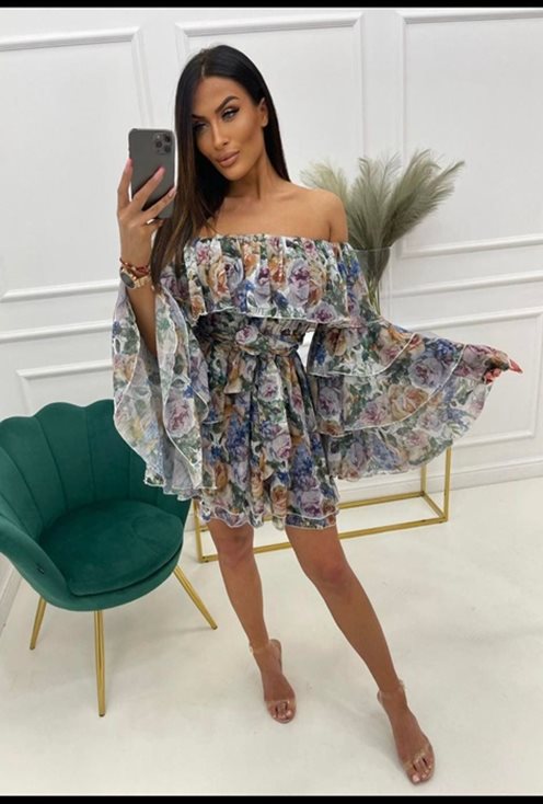 Sukienka krótka hiszpanka kwiaty  brąz/fiolet