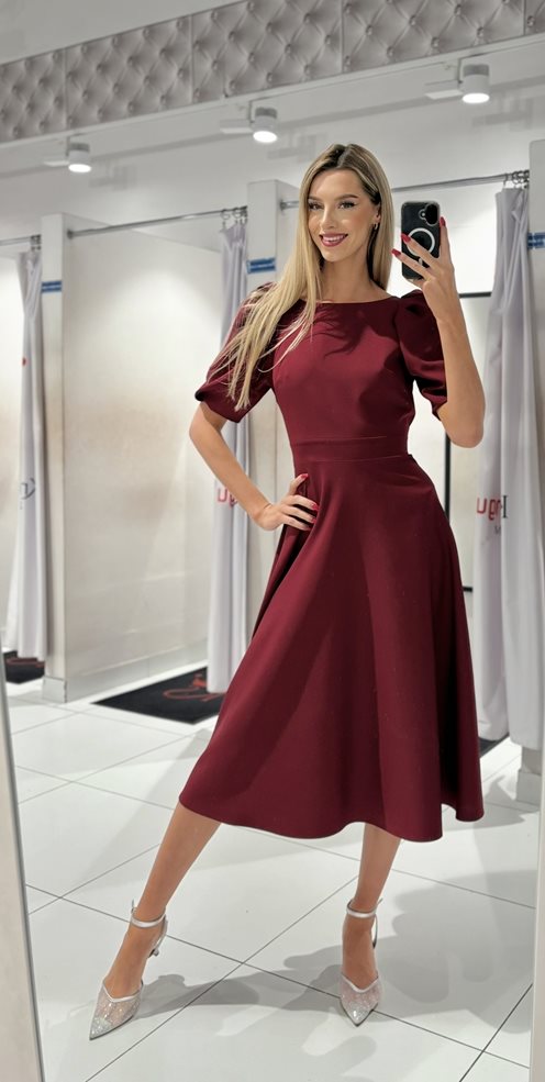 Sukienka midi bufiaste rękawki bordo