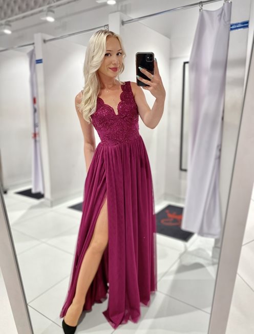 Długa sukienka koronkowa góra tiul fiolet