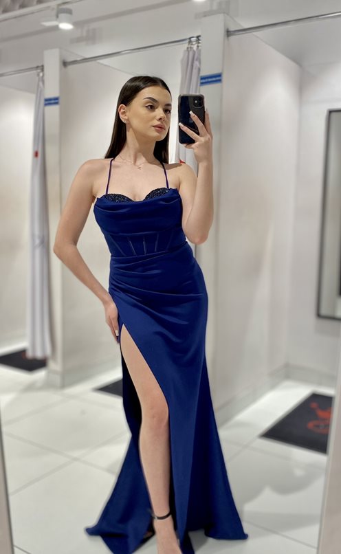 Sukienka długa gorset dekolt koraliki granat