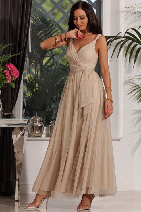 Sukienka długa dekolt V błyszcząca beż