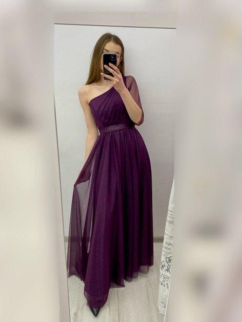 Sukienka długa na jedno ramię tiul błysk fiolet