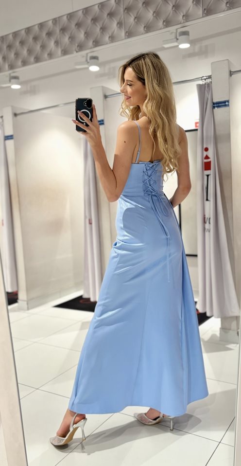 Sukienka długa wiązanie przód marszczenie błękit