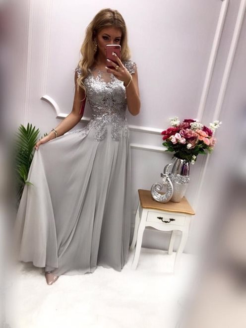 Długa sukienka kwiatowa koronka szary